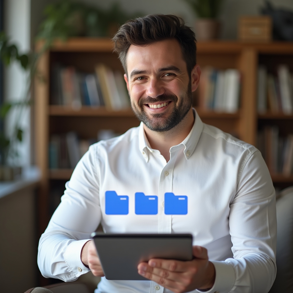 Business owner organizing important documents in a structured Google Drive folder on a tablet