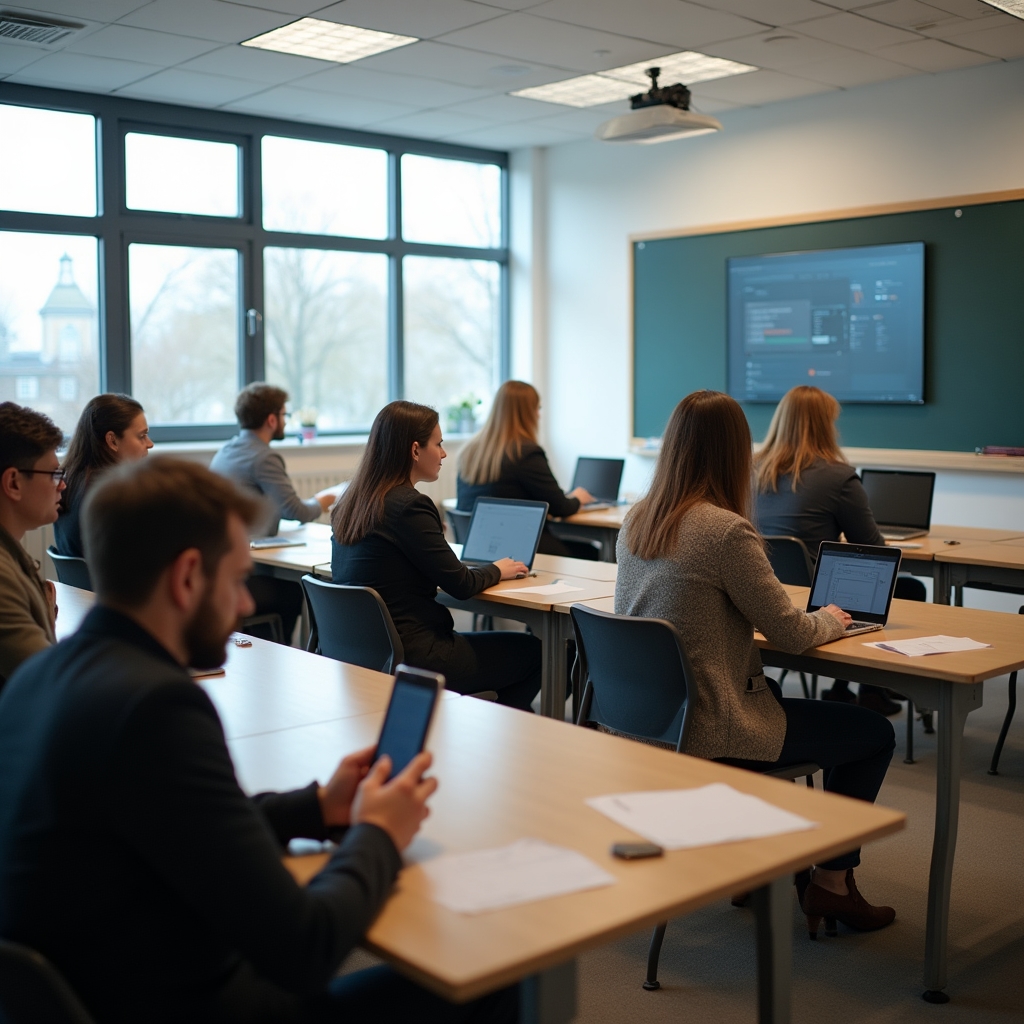 Group of small business owners working on laptops and phones during a workshop session in a bright classroom