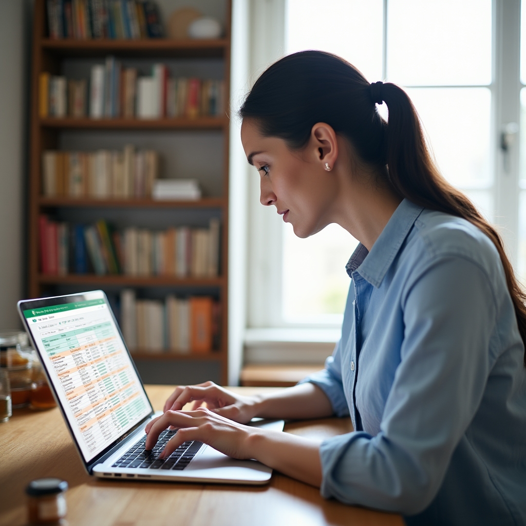 Small business owner reviewing a shared Google Sheets stock control spreadsheet on a laptop