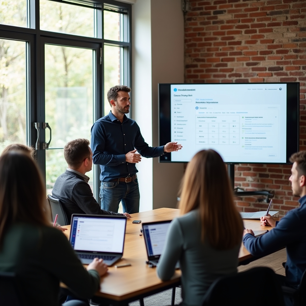Workshop facilitator explaining digital tools to a group of small business owners in a classroom setting